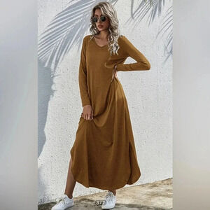 SHEIN V-Neck Split Hem Long Sleeve Maxi Dress - Size L